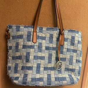 Denim patch  Tote Bag with Brown Handles
